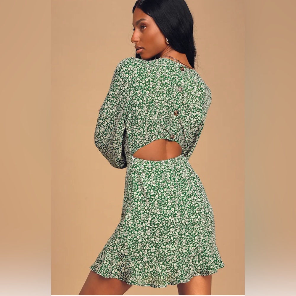 Womens Lulus Floral Open Back Ruffled Long Sleeve Prairie Cottagecore‎ Dress - Picture 2 of 10